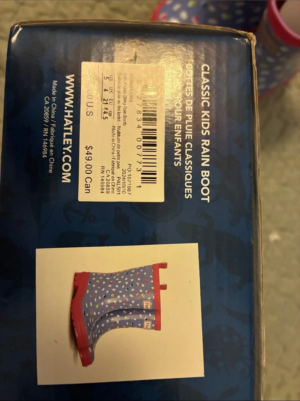 Hatley Blue Polka Dot Kids Rain Boots with Pink Trim